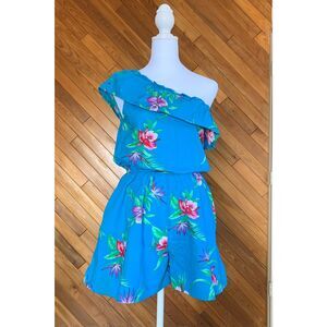 Vintage 80s Aqua/Turquoise Hawaiian One Shoulder Floral Romper